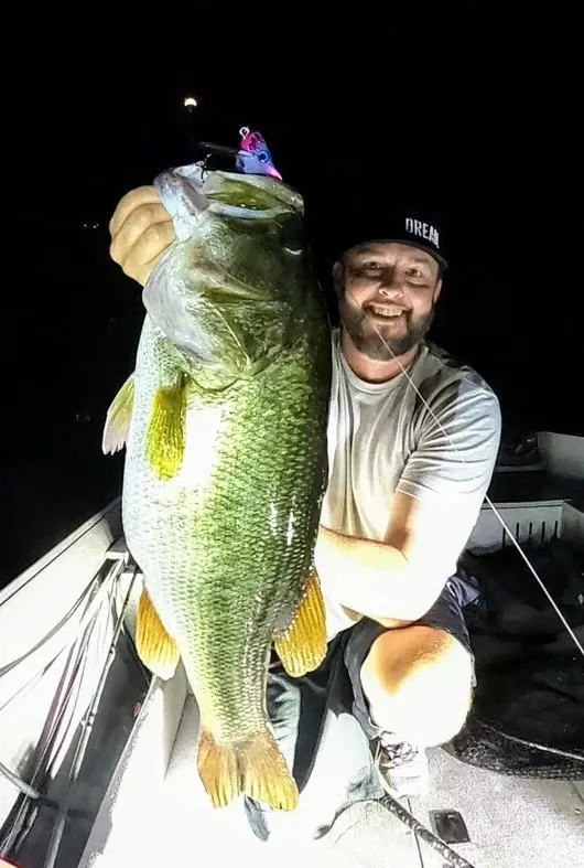 Trophy largemouth bass caught using a SacPig rat lure